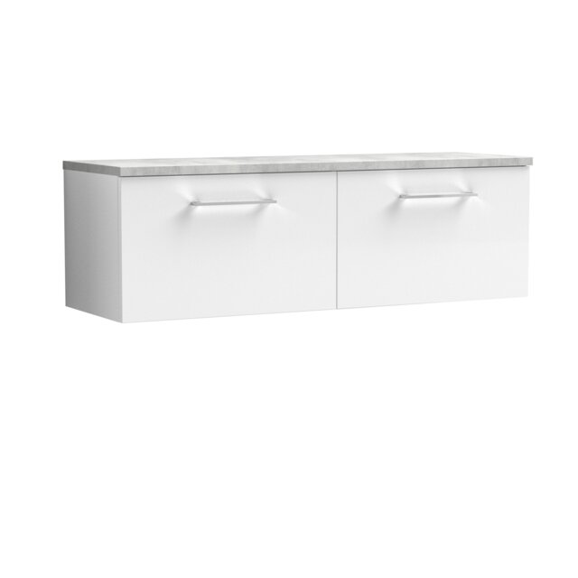 Balterley Level Wall Hung 2 Drawer Vanity Unit with Laminate Worktop for Sleek Contemporary Bathroom Storage White Gloss White