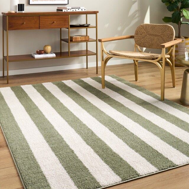 LIVABLISS Fossay Shaggy-Washable Modern High Pile Striped Rug 200 x 275 cm Cream Green