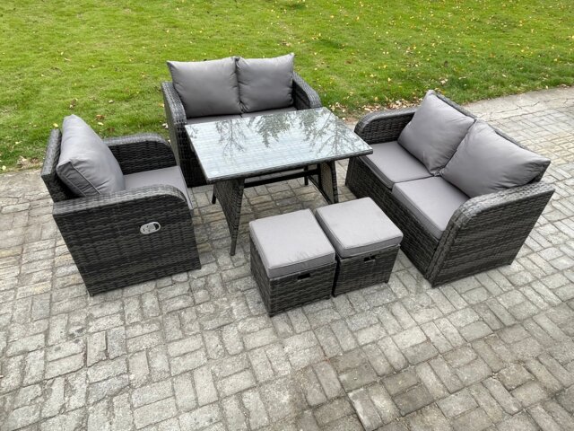 Fimous 6 Pieces Outdoor Garden Dining Sets Rattan Furniture With Dining Table Armchairs Love Sofa 2 Small Footstools Dark Grey Mixed