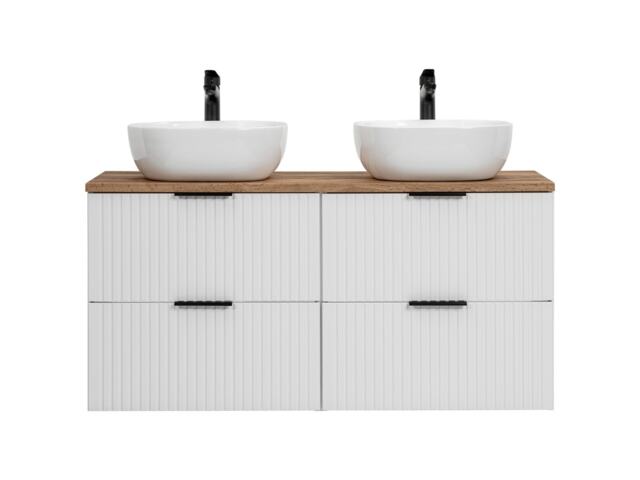 White Bathroom Double Vanity Unit with Oak Countertop Sink Basin Wall Storage Cabinet Set Ribbed Fluted Furniture Adel