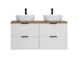 White Bathroom Double Vanity Unit with Oak Countertop Sink Basin Wall Storage Cabinet Set Ribbed Fluted Furniture Adel