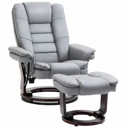 HOMCOM Recliner Chair With footstool, Recliner Armchair up to 130kg Weight Capacity, 135 Reclining Swivel Sofa Chair, PU Leather Ergonomic Couch Bed with Swivel Wood Base for Living Room, Grey
