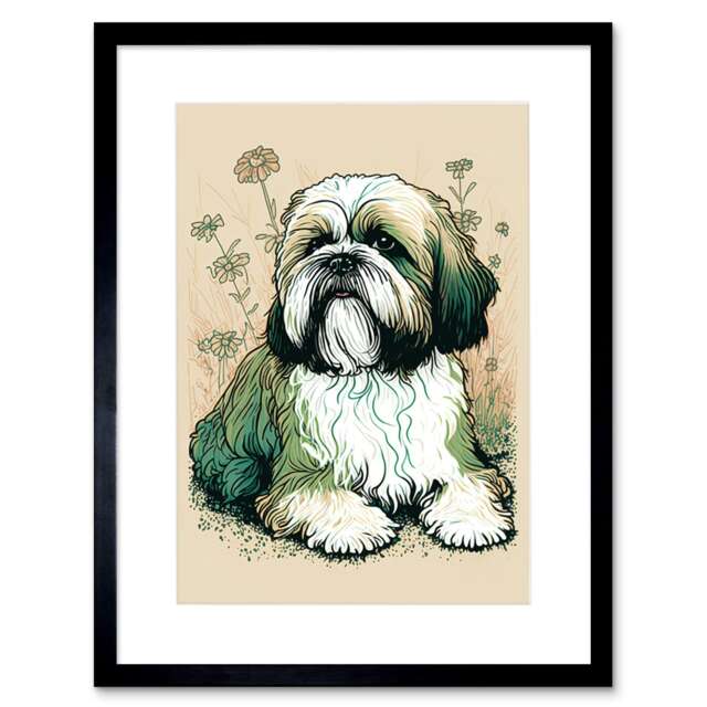 "Cute Shih Tzu Pet With Daisies Dog Lover Gift 9x7"" Black Framed Wall Art Print"