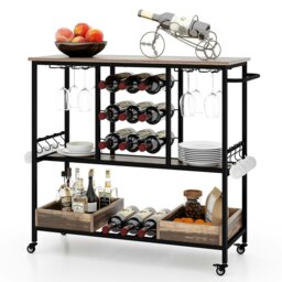 COSTWAY 3 Tiers Bar Cart Rolling Beverage Cart Grey