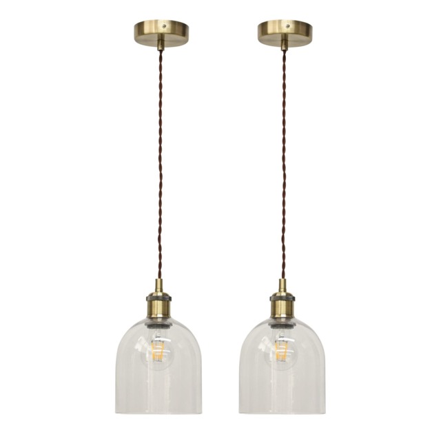 Set of 2 Belten - Clear Glass Cloche Antique Brass Retro Pendants