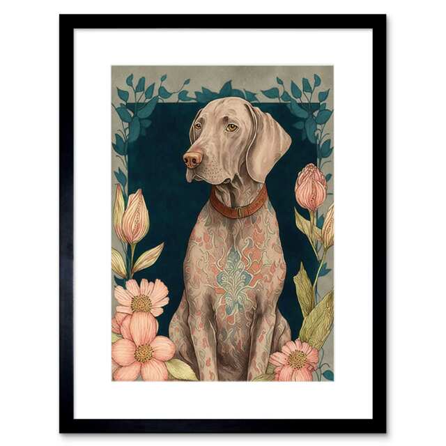"Grey Weimaraner Dog Ornate Pattern Flowers Art Nouveau 9x7"" Black Framed Wall Art Print"