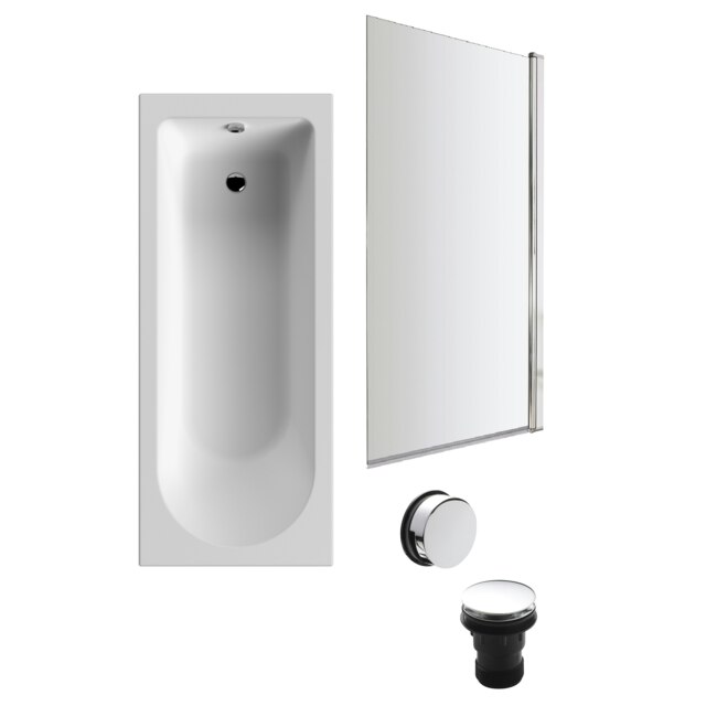 Round Single Ended Bath and Square Chrome Bath Screen and Waste - 1700 x 700mm White