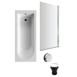 Round Single Ended Bath and Square Chrome Bath Screen and Waste - 1700 x 700mm White