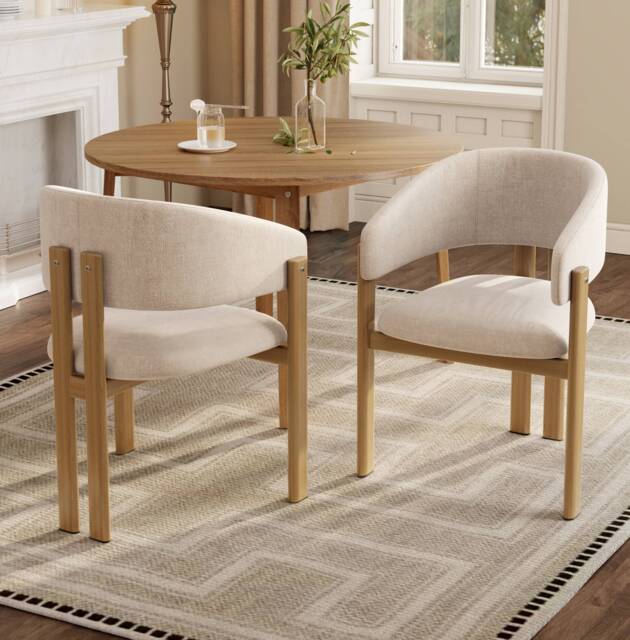 VILUXE Set of 2 Linen Dining Armchairs with Natural Wood-Effect Metal Frame & Padded Seat, 61.5 x 52.5 x 83 cm