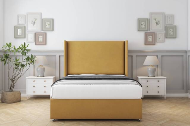 "Sloomy Devonshire Mustard Plush Divan Bed With Mattress No Drawers With 54"" Wingback Headboard 4'6 Double Gold Mustard Double 1"