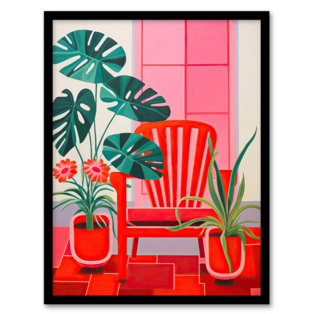 Hothouse Flowers Bright Red Pink Plants Home Decor Black Framed Wall Art Print A4