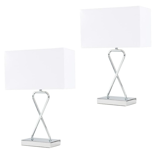 ValueLights Kuros Pair Chrome Table Lamps White Rectangular Shades and Bulbs