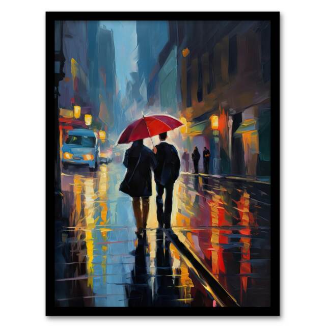 Paris Springtime Colourful Oil Couple Red Black Framed Wall Art Print A4