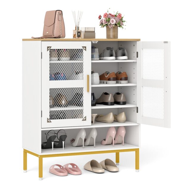COSTWAY 5-Tier Shoe Cabinet Wooden Modern Shoe Storage Organizer-White