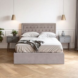 Orsina Elegant Steel Velvet Double Bed, Minimalist Double Bed For Bedroom, Velvet Upholstered Stud Detail Bed