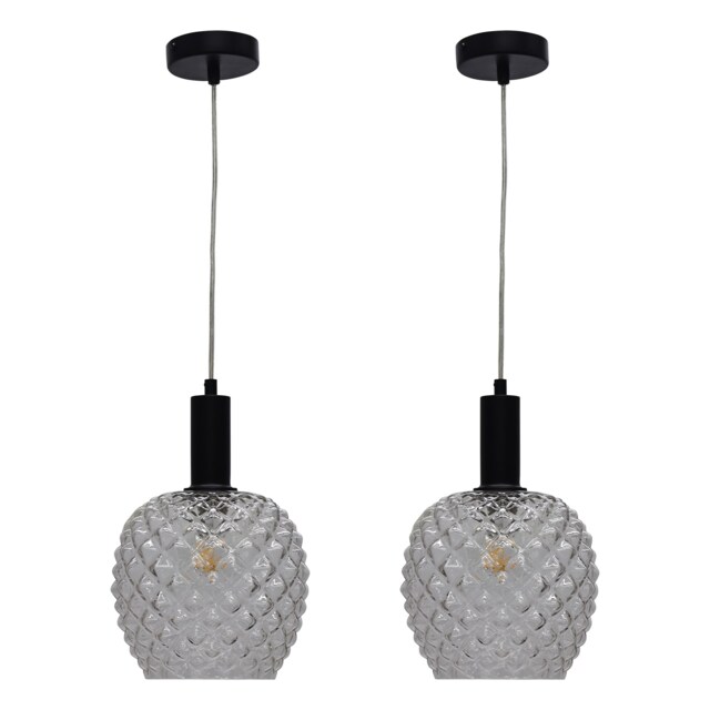 Set of 2 Baine - Clear Textured Glass Black Deco Pendant Fittings