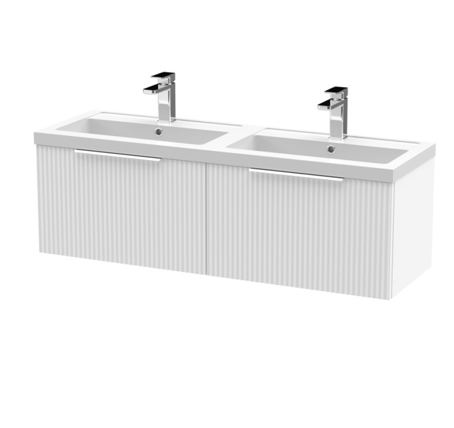 Balterley Fluted Wall Hung 2 Drawer Vanity Basin Unit with Double Polymarble Basin White Satin White