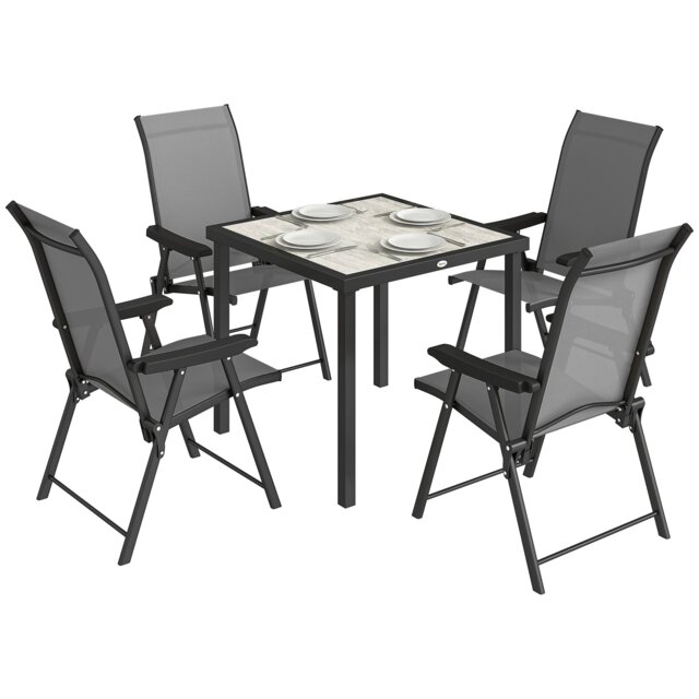 Outsunny 5 Pieces Outdoor Dining Set, Garden Dining Set for 4 Grey Grey with black frame Table: 80 x 80 x 72 cm, Chair: 56 x 73 x 97 cm