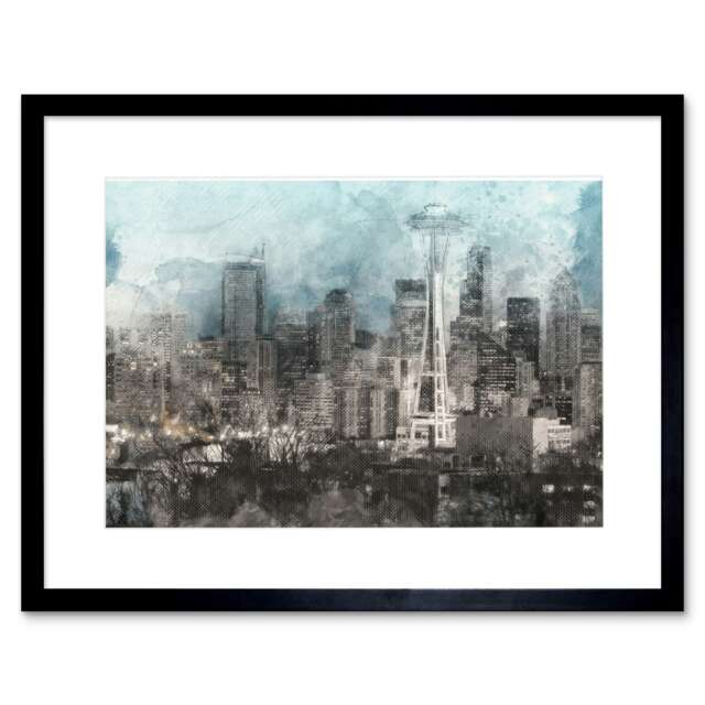 "Seattle City USA Skyline Watercolour Cityscape 9x7"" Black Framed Wall Art Print"