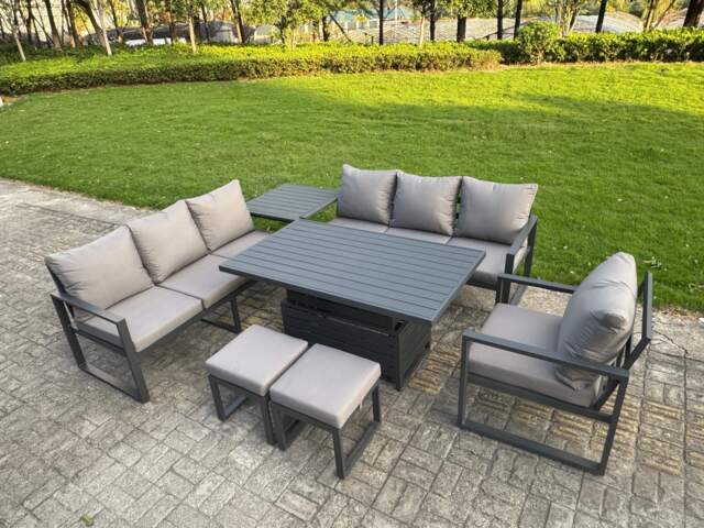 Fimous Aluminium Garden Furniture Sets,9 Seater Outdoor Sofa Dining Set with Adjustable Rising Lifting Dining Table Side Table 2 Small Footstools for Yard,Poolside, Patio, Dark Grey
