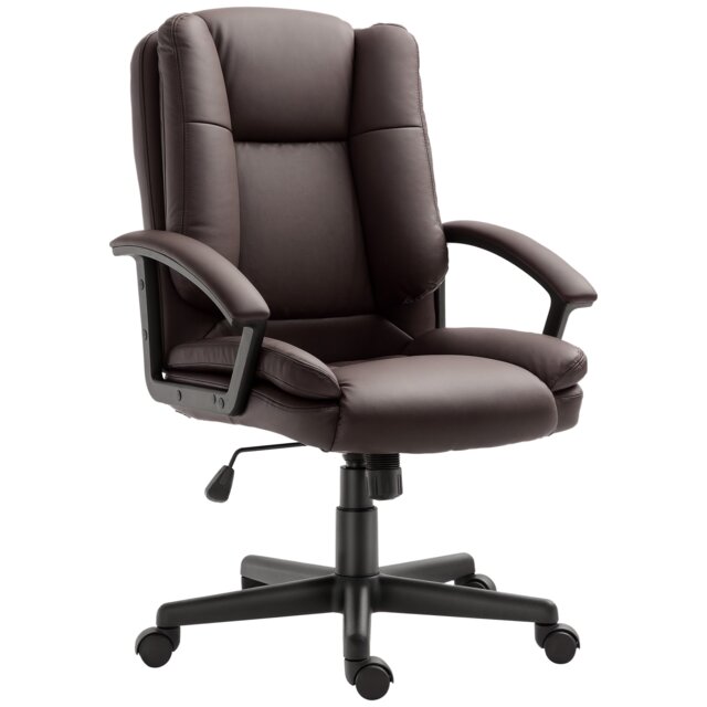 HOMCOM Desk Chair, PU Leather Office Chair with Adjustable Height and Swivel Wheels, for Home Work Study, Brown