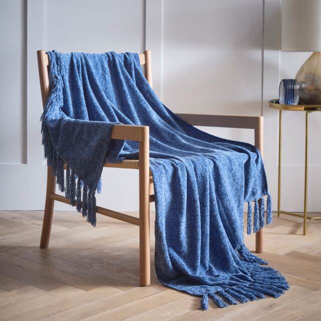 Malmo Blue Textured Tassels Chenille Throwover Bed Throw Blanket 127 x 152 cm Blue