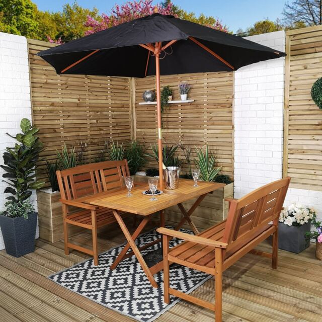 Outdoor 4 Person Folding Rectangular Wooden Garden Patio Dining Table Benches Parasol and Base Set