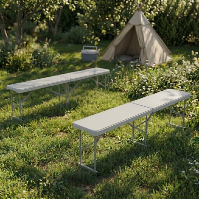 Home Vida Set of 2 6 Foot Indoor Outdoor Folding Seating Benches Picnic BBQ Events Workshop Easy Storage - White