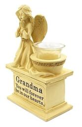 Graveside Memorial Angel Cherub Praying Kneeling with Glass T Lite Holder Cream Stone Finish - Grandma