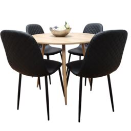Dining Table and 4 Chairs Round Wood Effect 4 Black Faux Leather Chairs Dining Set Black One Size 5