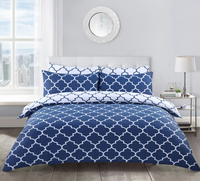 Velosso Lattice Printed Cotton Blend Navy Duvet Cover and Pillowcase Set Blue Super King