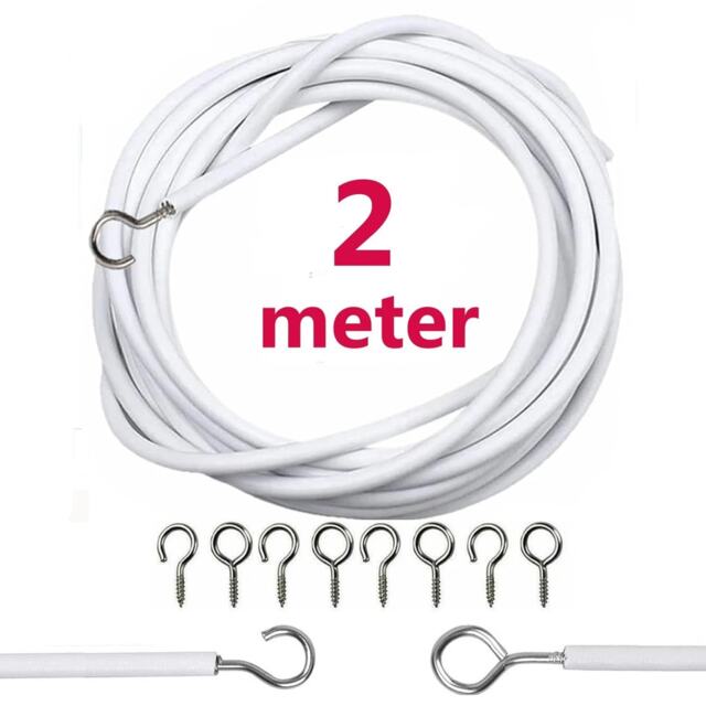 2 Meter White Net Curtain Wire Hanging Kit with 6 Hooks and 6 Eyes Flexible Durable Tension Cable for Voiles and Wardrobe Doors
