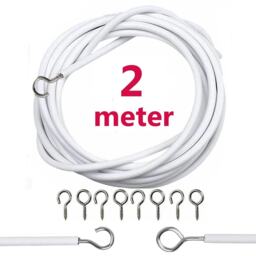 2 Meter White Net Curtain Wire Hanging Kit with 6 Hooks and 6 Eyes Flexible Durable Tension Cable for Voiles and Wardrobe Doors