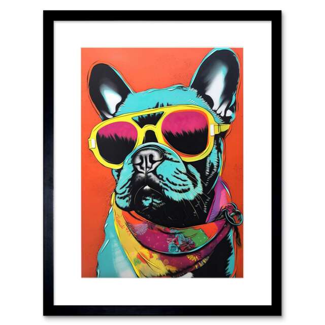 "French Bulldog Sunglasses Bandana Dog Lover Pop Art 9x7"" Black Framed Wall Art Print"