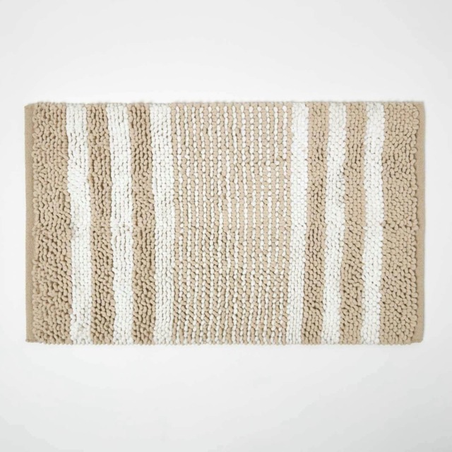 Homescapes Beige Chenille Stripe Bath Mat Cotton - 50 x 80 cm White