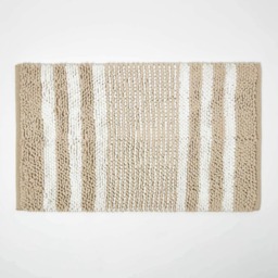 Homescapes Beige Chenille Stripe Bath Mat Cotton - 50 x 80 cm White