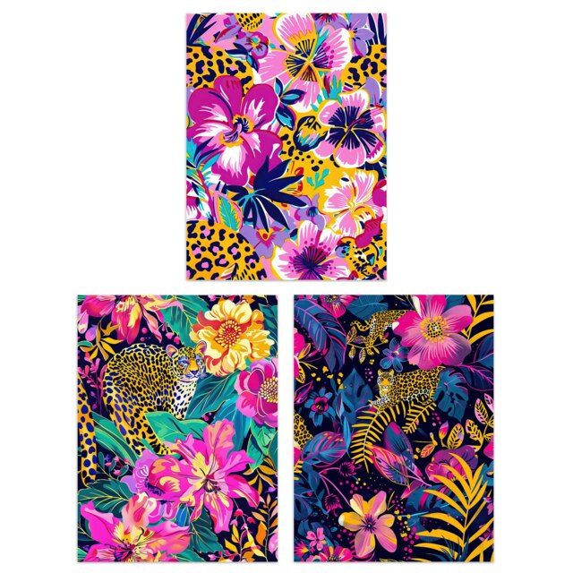 Set of 3 Vibrant Flower Leopard Floral Jungle Living Room 12X16 Inch Wall Art Prints Pack
