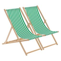 Harbour Housewares Wooden Deck Chairs - 2x Traditional Outdoor Folding Reclining Canvas Sun Lounger Chair Seat - Green Stripe