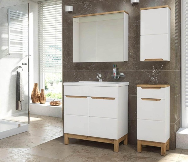 Floor Standing Vanity Unit with Basin 600mm Freestanding Bathroom Sink Cabinet White Gloss Oak Bali