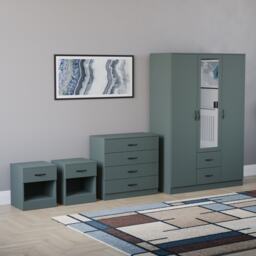 Vida Designs Riano 4 Piece Bedroom Set (2x 1 Drawer Bedside Chest, 4 Drawer Chest, 3 Door 2 Drawer Mirrored Wardrobe) - Green