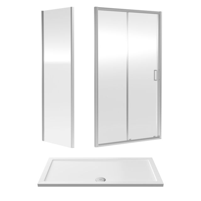 Balterley Sliding Shower Suite with Safety Glass Door, Side Panel & Shower Tray Silver Chrome 3