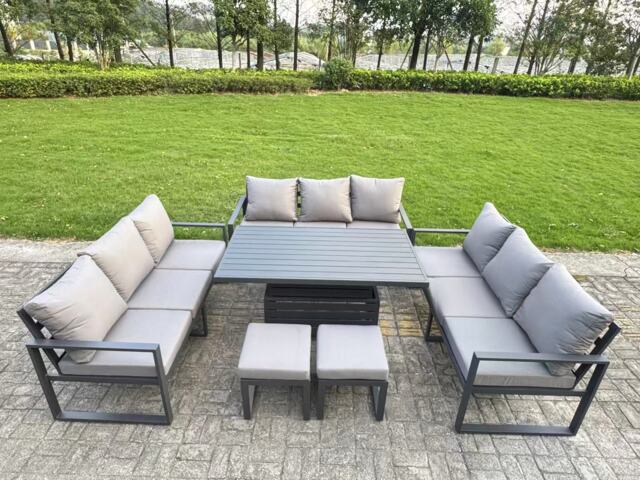 Fimous U-shaped Garden Furniture Set 11-Seater Aluminium Outdoor Dining Set with Adjustable Rising Lifting Dining Table 2 Small Footstools Dark Grey