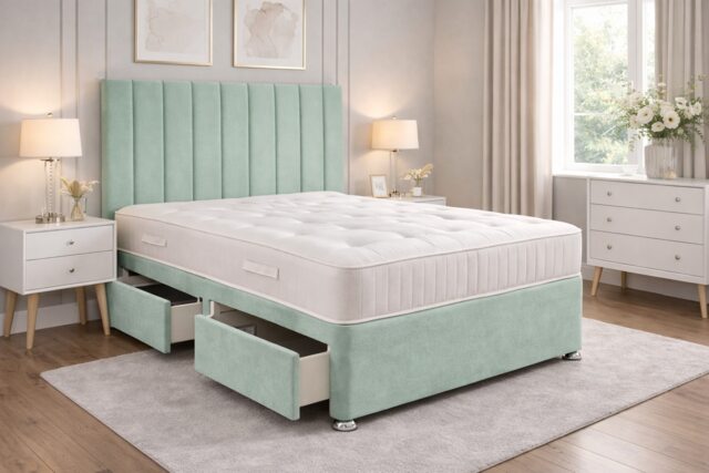 5FT Kingsize Duck Egg Plush Divan Bed With Panel 26inch Headboard and Orthopeadic Mattress 2 Drawers One Each Side