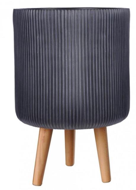 Ribbed Black Cylinder Planter on Legs, Round Pot Plant Stand Indoor D30.5 H46 cm, 18.5 ltrs Cap.
