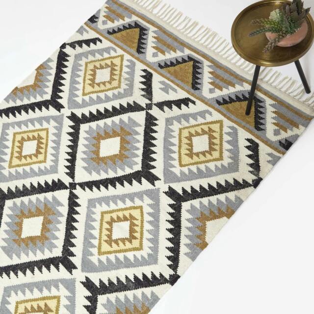 Homescapes Agra Handwoven Diamond Kilim Wool Rug - 120 x 170 cm Multi Yellow, gold, grey, black and white