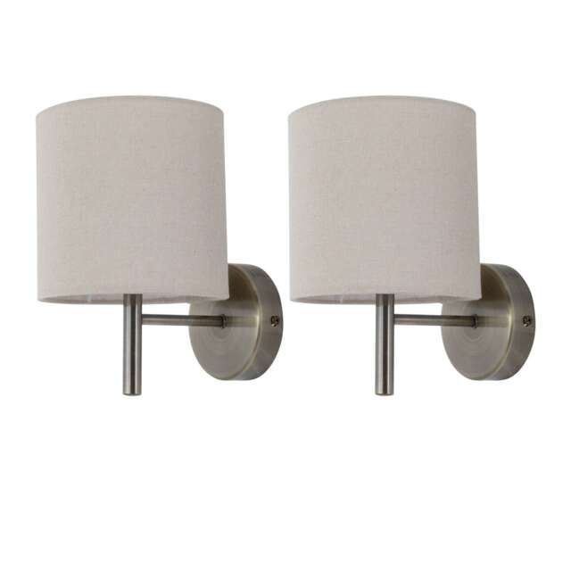 Set of 2 Brea - Antique Brass Wall Lights with Natural Linen Shade Yellow Brown 2