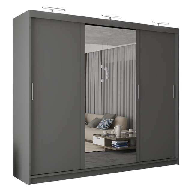 Sliding Wardrobes 4U Modern 3-Door Sliding Wardrobe with Central Mirror & Drawers – 250cm, White, Black, Grey, Oak Grey Grey250cm 250cm