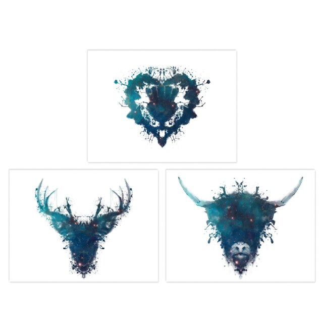 Set of 3 Ink Splat Thistle Heart Flower Cow Stag Space Scottish Wall Art Print A4