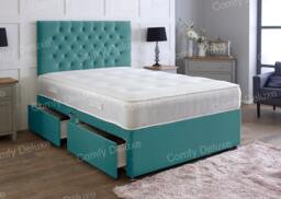 4ft Small Double Green Plush Velvet Divan Bed With Headboard & Memory Sprung Mattress 2 Drawers Same Side