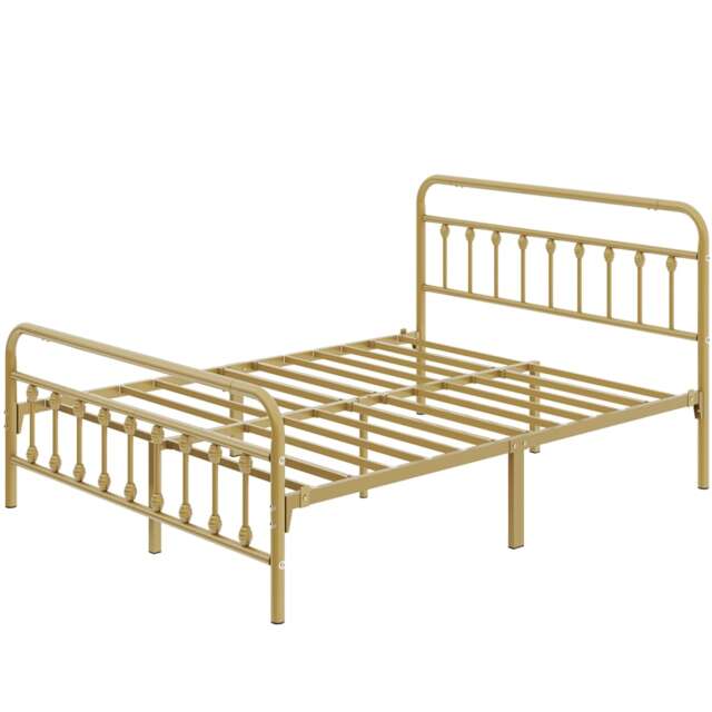 Yaheetech Vintage Iron Platform Bed with High Headboard and Footboard-200 cm L x 150 cm W Gold Antique Gold King 1